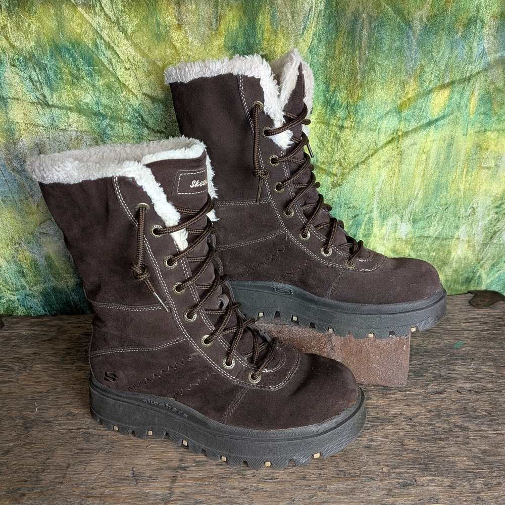 Vintage Skechers Women's Dark Brown Winter Boots Platform Chunky Sole